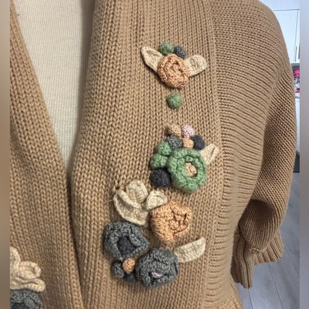 April Cornel Embroidered Tan Open Cardigan Sweater. Size M - Picture 2 of 8